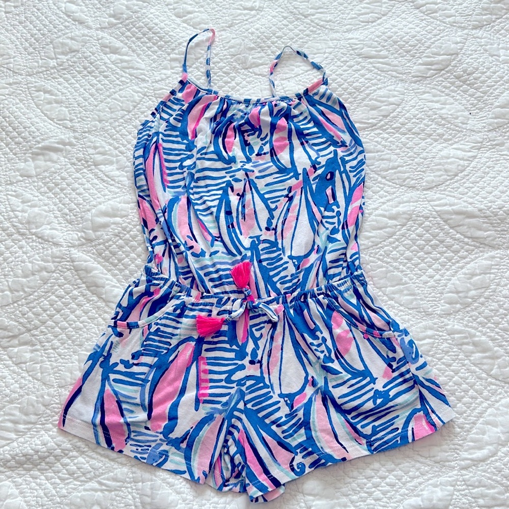 Lilly Pulitzer Girls Aleene Romper in Red Right Return Print size 6-7 (medium)